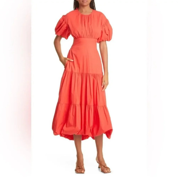 NWT CINQ A SEPT Maisley Puff Sleeves Midi Dress in Chili Pepper‎ - Picture 1 of 6